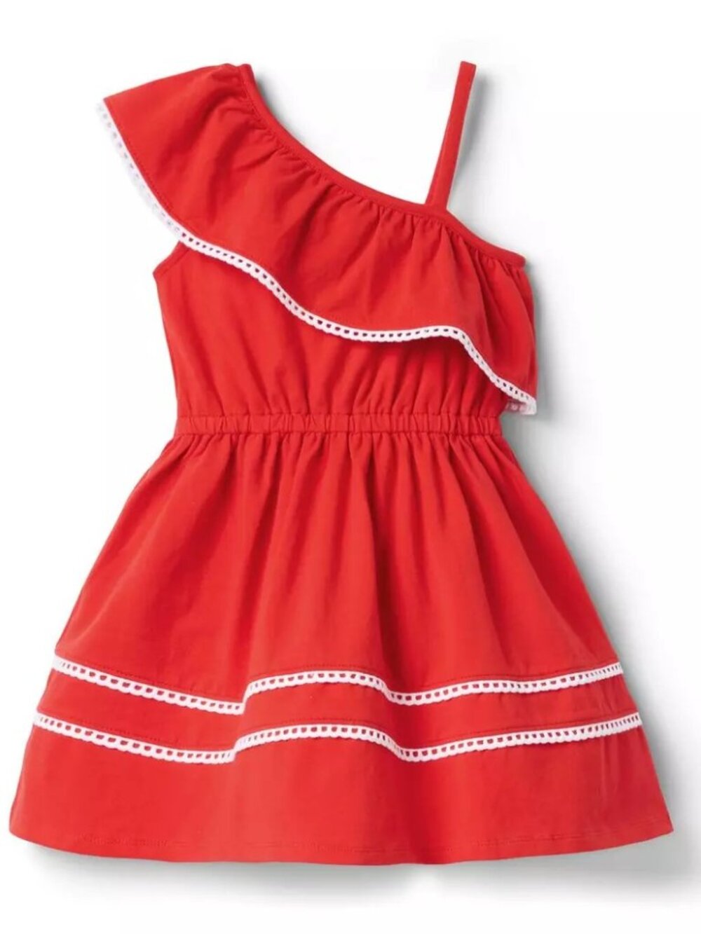 Janie and Jack Vibrant Cherry Red Girls' Ruffle, One Shoulder Dress, 5T